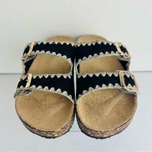 NWT Niki Slip On Sandals Women's 8 Black Double Strap Gold Buckles Embroidered